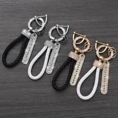 Chaveiro de Cristal Feminino, Chaveiro de Couro Luxuoso Anti-Perda, Chaveiro de Couro PU Feito à Mão, Chaveiro de Corda