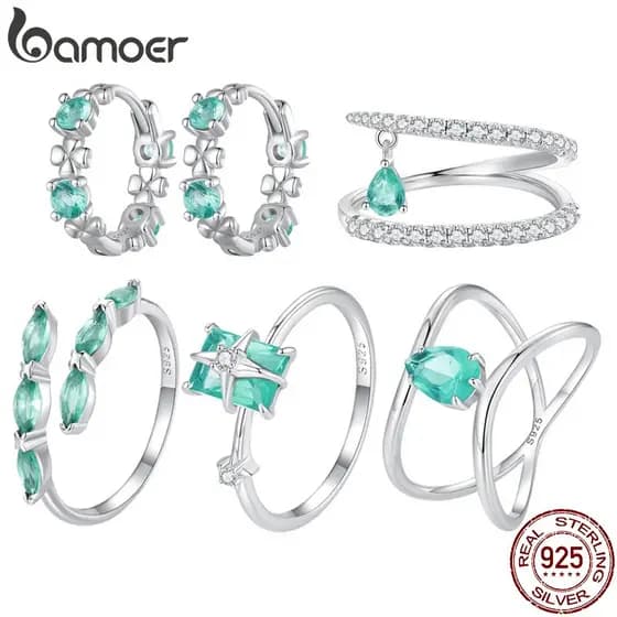 Bamoer Conjunto de Joias de Prata Esterlina 925 com Zircônia Verde, Anel e Brincos, Ideal para Presentes de Dia da Mulhe
