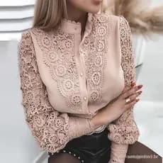 Blusa feminina elegante de renda vintage com mangas requintadas, blusa rosa com botões, blusa feminina 2023, blusa femin