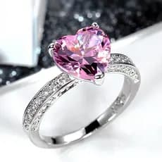 Anel em Forma de Coração em Prata Esterlina S925, Incrustado com Zircônia Rosa, Joia Feminina/Presente de Noivado P49F S