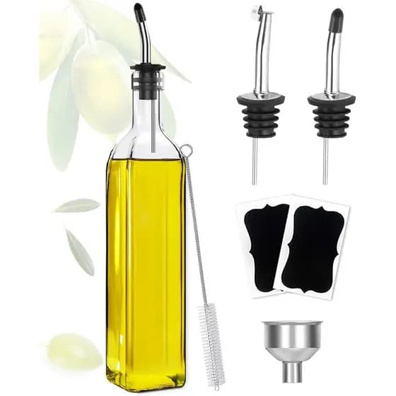 Dispensador de Azeite Showvigor, Recipiente de Vidro Quadrado Alto de 17oz/500ml com 2 Bicos de Aço Inoxidável, 2 Etique