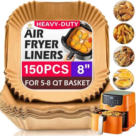 Forros Descartáveis para Air Fryer, 150 Peças, Forro de Papel Pergaminho Quadrado de 8" para Air Fryer, Assados, Forno e