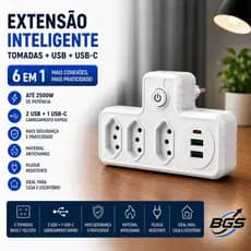 Adaptador Benjamin Tomada 6 em 1 Bivolt 3 Tomadas + 2 USB + USB-C Filtro de Linha Extensão Inteligente 10A