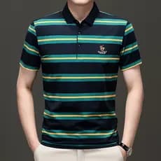 Verão de manga curta lapela Plus Size solto bordado camisa polo Casual listrado masculino camiseta topo