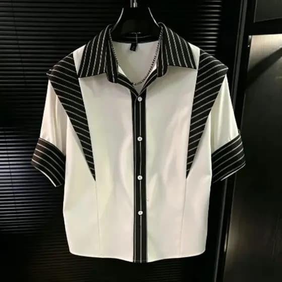 Verão 2026 camisa Casual coreana masculina de manga curta listrada costura Design camisa superior roupas masculinas
