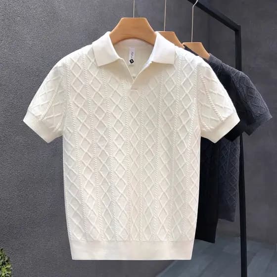 Camisa Polo masculina americana de meia manga, seda gelada, manga curta, verão, roupa externa, leve, estilo maduro, malh
