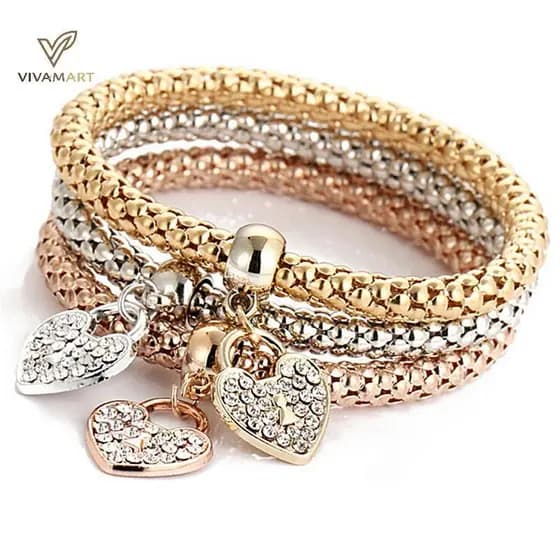 Vivamart Moda Feminina 3 Peças Ouro Prata Rosa Pulseiras Conjunto Strass Pulseira Joias