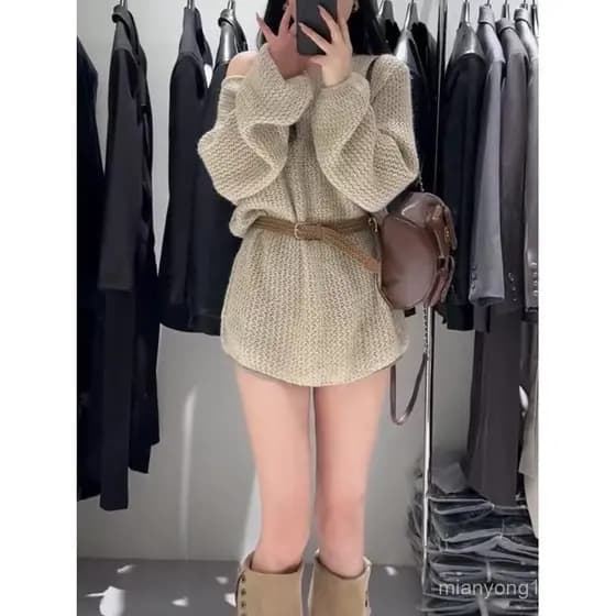 Francês oco camisola de manga comprida feminina 2025 outono inverno novo estilo solto Casual meados de comprimento topo