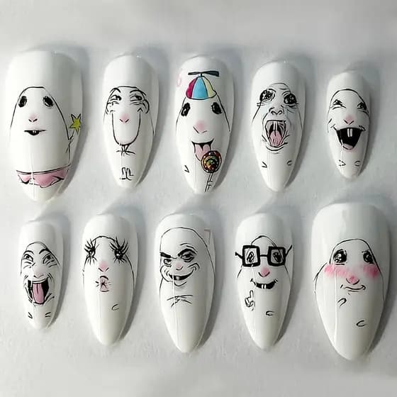 Conjunto de 10 peças de adesivos de unhas emoticons divertidos em formato de amêndoa tipo Push peças de unhas acrílicas