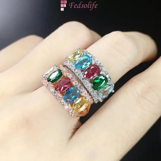 [Anel Ajustável Fedsolife] Aço de titânio colorido banhado a ouro e incrustado com pedras preciosas coloridas, estilo co
