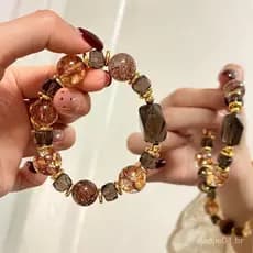 Pulseira de pedra preta e dourada com flor de gelo e cristal super adesivo, ferro natural, cordão de folha de ouro caram
