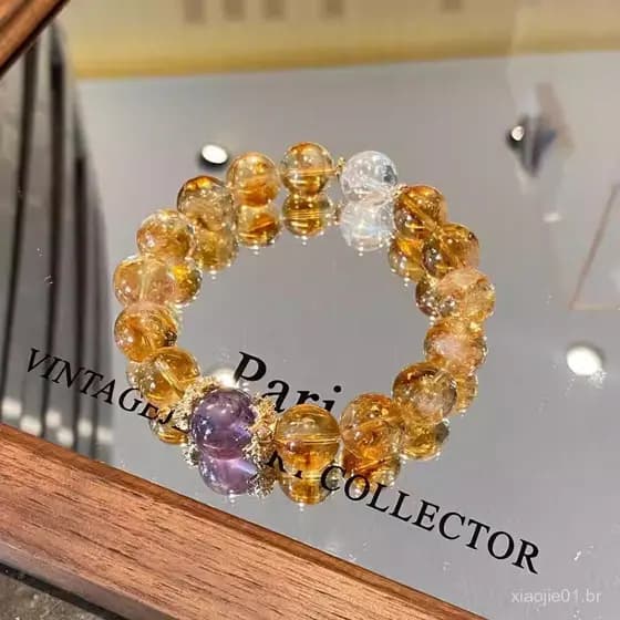 Pedra Olho de Tigre Aura Roxa, Citrino Amarelo, Torre de Cristal Natural Feminina, Pulseira Torre Roxa, Pulseira de Cris