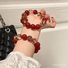 Pulseira Feminina de Cristal Estilo Chama de Sete Cores com Ornamento de Flor em Folha de Ouro e Cubo de Açúcar, Estilo