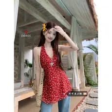 Mini Vestido Bodycon Vestido Curto Casual Vestido Curto Verão Doce quente menina vermelho Floral com decote em V vestido