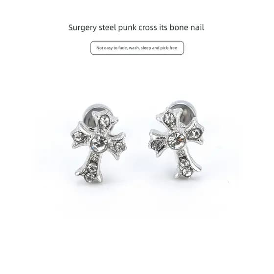 piercing orelha piercing fake piercing falso orelha Aço cirúrgico médico titânio aço cruz romana brincos hipoalergênico