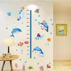 Adesivo de parede removível de altura de peixe golfinho, decoração de parede de quarto infantil, régua de altura de medi