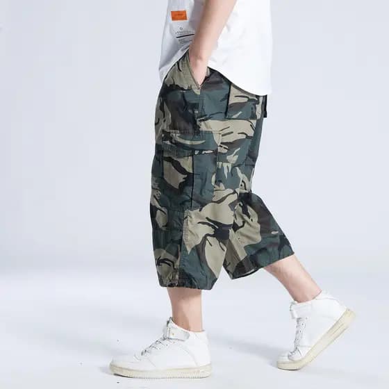 Macacão de verão fino solto tamanho grande masculino Multi-bolso calças médias ao ar livre Casual calças cortadas mascul