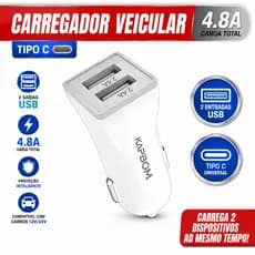 Carregador Celular Carro Tipo C Turbo Automotivo Veicular 2 Saídas USB 4.8A