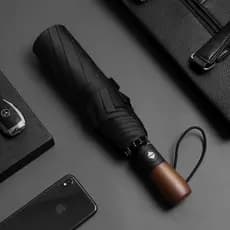 Guarda-chuva masculino totalmente automático dobrável com 10 ossos, duplo negócio, simples, cor sólida, alça de madeira