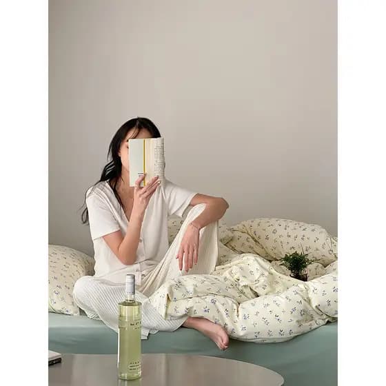 2026 novo estilo nu dormir Tianzhu algodão conjunto de quatro peças algodão pequeno fresco Floral malha algodão cama pur