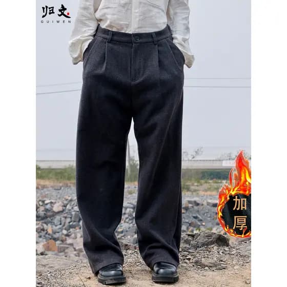W inverno calças de lã dos homens calças soltas cinza escuro calças de lã grossas calças casuais japonês Retro calças re