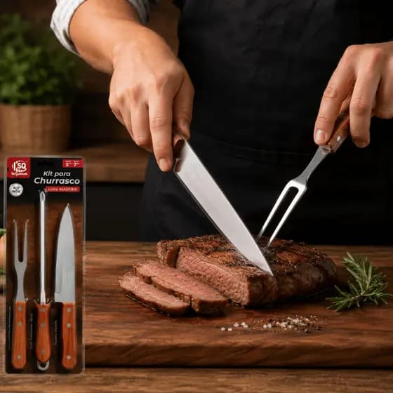 Kit Churrasco Linha Madeira Luxo Cozinha Gourmet Garfo Faca Shaira