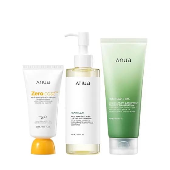 Conjunto trio de cuidados pós-solar Anua, Espuma de Limpeza Heartleaf + Protetor Solar Hidratante Zero-Cast, Óleo de Lim