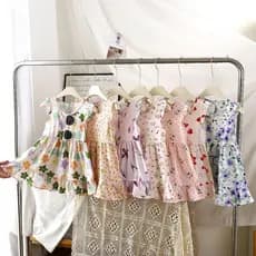 Novas crianças saia de seda algodão verão estilo fino meninas Floral manga voadora estilingue vestido meninas moda crian