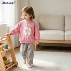 Meninas moletom calças de algodão terno rosa flor padrão listras verticais calças de perna larga de duas peças Homewear