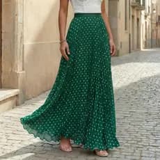 Primavera feminina verão saia Retro bolinhas impresso grande balanço saia férias saia longa saia plissada20260706