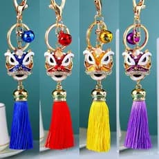 Chaveiro de carro com borla estilo dança do leão chinesa, pingente de metal para bolsa para homens e mulheres, chaveiro