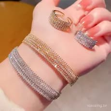 Exquisita pulseira e anel em forma de T com microincrustações de zircônia e diamante, pulseira e anel geométricos aberto