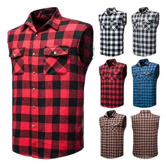 WFFO Nova Camisa Sem Mangas de Flanela Xadrez Estilo Casual Masculino XT36 em Promoção
