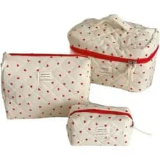 Bolsa de Maquiagem Acolchoada Estilo Campestre para Mulheres, Bolsa de Armazenamento para Viagem (Padrão de Coração Verm