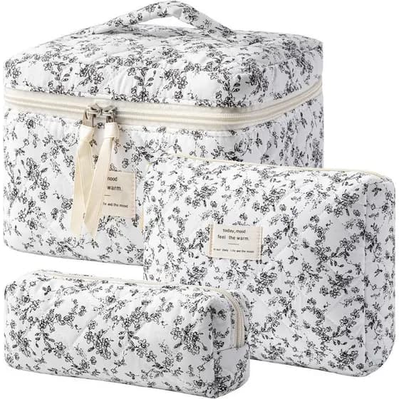 HBselect Bolsa de Maquiagem Acolchoada, Conjunto de 3 Peças de Bolsas de Maquiagem Grandes de Algodão para Viagem, Bolsa