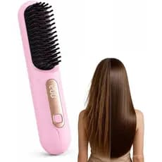 Escova Alisadora e Modeladora Sem Fio Rosa, Estilizador de Cabelo Aquecido Recarregável |   Escova recarregável 2 em 1 p