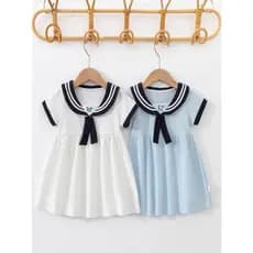Meninas vestido 2026 novo estilo roupas infantis verão roupas de bebê moda crianças gola marinha vestido de princesa Str