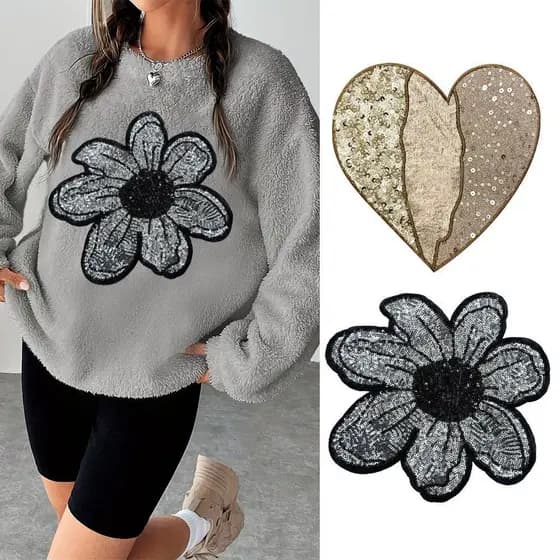 Único tamanho grande amor lantejoulas pano adesivos prata flor remendo em forma de coração decoração saco de roupas DIY