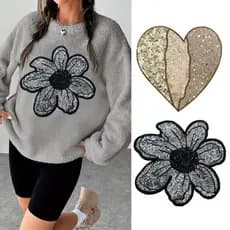 Único tamanho grande amor lantejoulas pano adesivos prata flor remendo em forma de coração decoração saco de roupas DIY