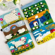 Feltro de lã artesanal poke Le cordeiro paisagem pradaria colorido Animal estilo coreano bolsa de moedas saco de armazen