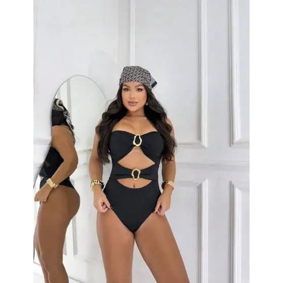 🌟 COLLANT/BODY SUPLEX Fivela Dourada com Recortes Moda Verão