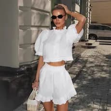 Top branco de manga bufante, Shorts de manga curta terno de duas peças feminino, camisa de linho de algodão