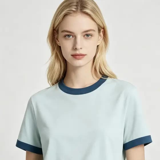 Mulheres verão novo estilo, camiseta de cor contrastante com gola redonda, manga curta feminina solta