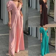Novo estilo de roupas femininas, vestido elegante e elegante de cor sólida, corte justo, manga curta larga @-