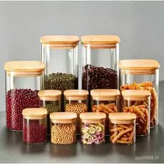 Pote de chá quadrado transparente com tampa de bambu, pote de armazenamento de grãos para cozinha, pote selado de vidro