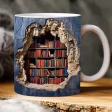 Caneca Estante 3D - Uma caneca em formato de livro com efeito 3D, design espacial criativo, caneca multifuncional
