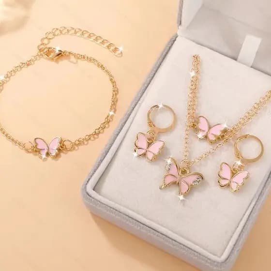 Colar de Pérolas Infantil, Pingente de Borboleta Rosa, Pulseira, Conjunto de Brincos, Joias Adequadas para Meninas C7AB