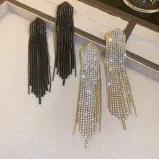 Brincos Longos De Gota De Borla Para Mulheres Em Forma De Strass Cor Preto Acessórios De Moda