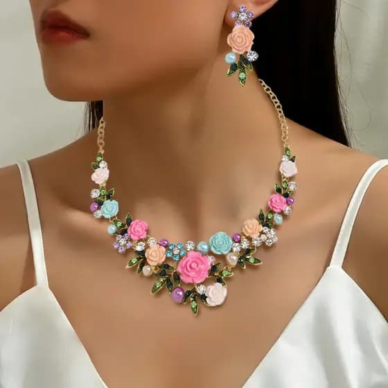 Conjunto de colar e brincos decorados em rosa, luxuoso e elegante, adequado para banquetes e festas, pode ser usado como