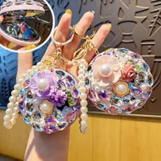 Criativo cheio de diamante conveniente redondo espelho de maquiagem chaveiro pingente moda saco pingente casal pequeno p